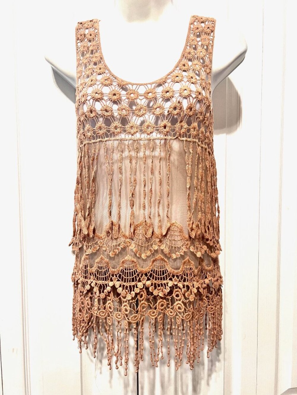 Say What? Sheer Fringed Sleeveless Crocheted Boho Cut Out Top-Small-Tan-Festive